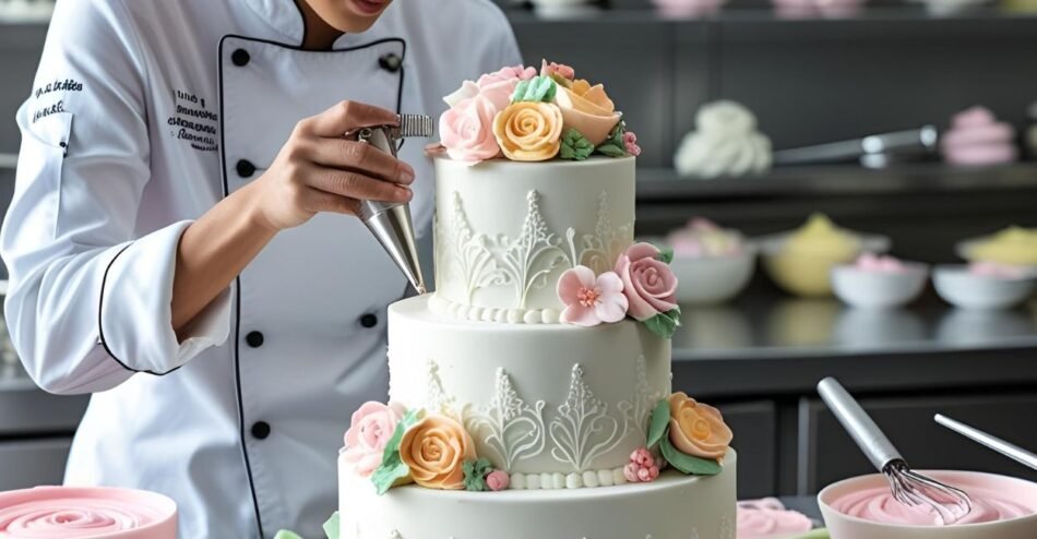 Chef pâtissier decorando bolo com técnicas artísticas em cozinha profissional.