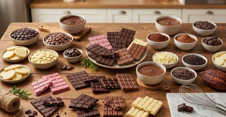 Uma mesa de madeira rústica repleta de variados tipos de chocolate confeitaria, incluindo barras de chocolate amargo, ao leite, branco e ruby, além de gotas de chocolate, tigelas com cacau em pó, granulados e um fruto de cacau inteiro ao lado de utensílios de cozinha.