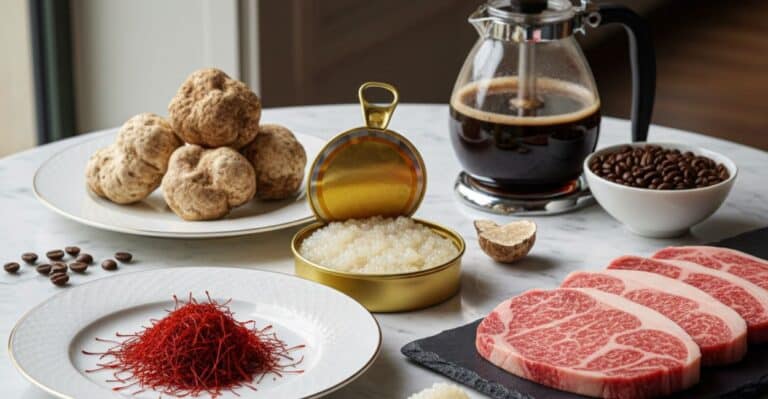 Mesa de mármore branca com caviar Almas dourado, trufas brancas de Alba, fios de açafrão persa, bife Wagyu marmoreado e café Kopi Luwak em uma prensa francesa. Cena luxuosa e vibrante de alimentos caros.