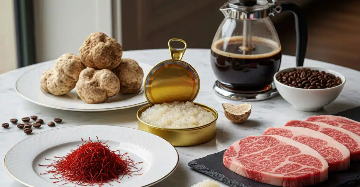 Mesa de mármore branca com caviar Almas dourado, trufas brancas de Alba, fios de açafrão persa, bife Wagyu marmoreado e café Kopi Luwak em uma prensa francesa. Cena luxuosa e vibrante de alimentos caros.