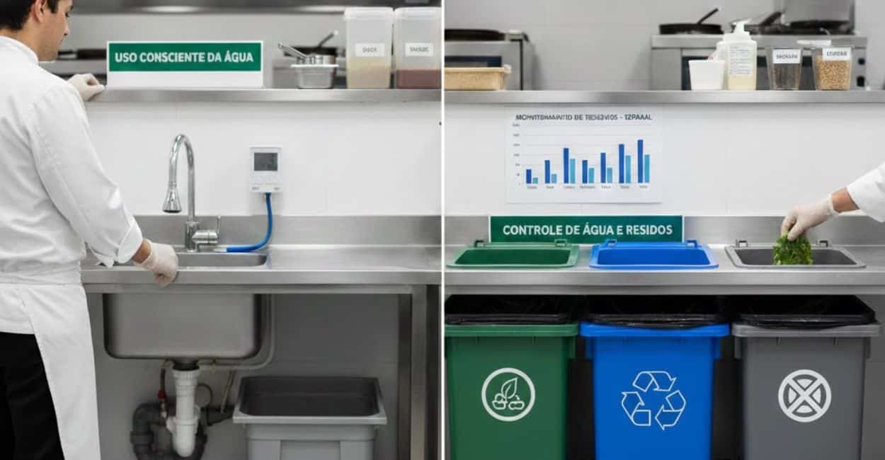 Estação de descarte seletivo em cozinha com lixeiras nas cores verde (orgânicos), azul (recicláveis) e cinza (rejeitos), ao lado de uma pia com aviso de uso consciente da água.