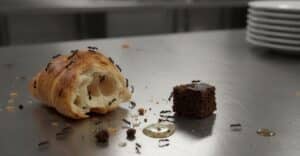 Close-up realista de formigas sobre um croissant e pedaços de bolo esquecidos em uma bancada de aço inox de cozinha profissional.