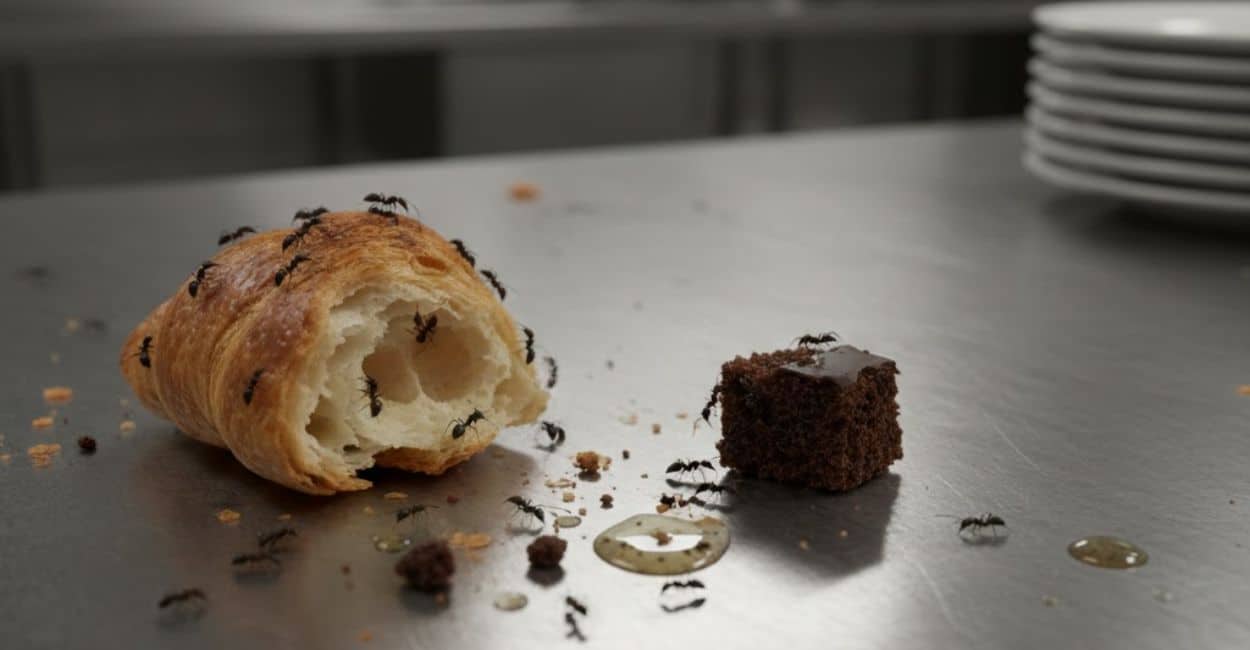 Close-up realista de formigas sobre um croissant e pedaços de bolo esquecidos em uma bancada de aço inox de cozinha profissional.