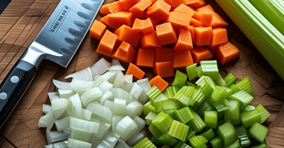 Cubos pequenos de cenoura, cebola e salsão cortados no padrão brunoise sobre tábua de madeira.