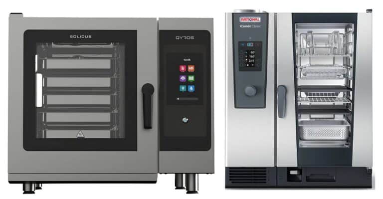 dois tipos de forno combinado preço. Um forno médio de linha intermediária e um forno grande industrial lado a lado.