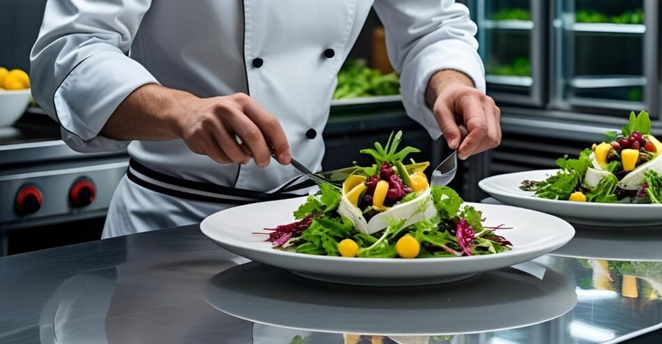 Chef garde-manger montando salada gourmet com flores comestíveis e folhas frescas.