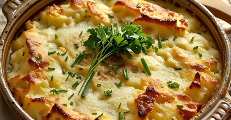 Travessa com batatas gratinadas douradas, cobertas com queijo derretido e ervas frescas.