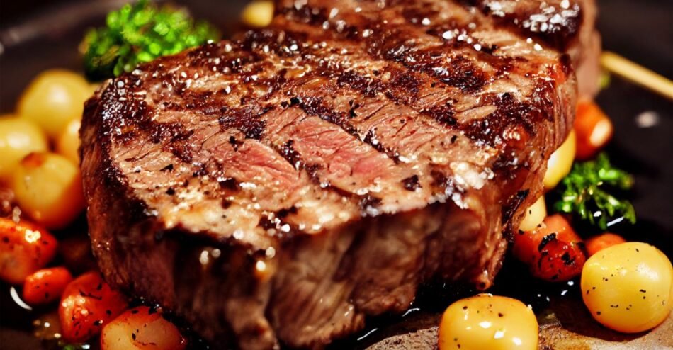 Bife grelhado com marcas da grelha, servido em prato com batatas douradas e ervas frescas.