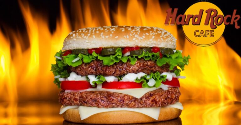 World Burger Tour 2025 do Hard Rock Cafe, com imagem de hambúrguer estilizado e temática global.
