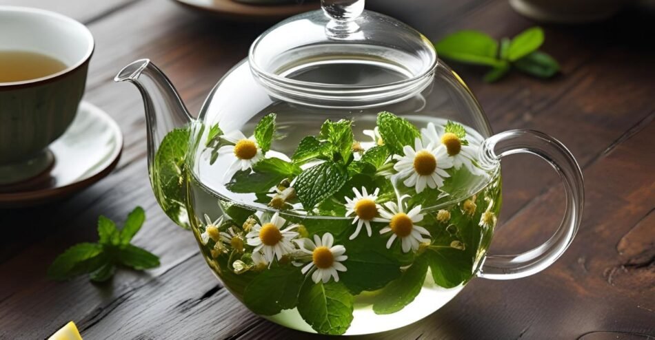 Chá de ervas sendo infusionado em bule transparente com folhas verdes e flores.