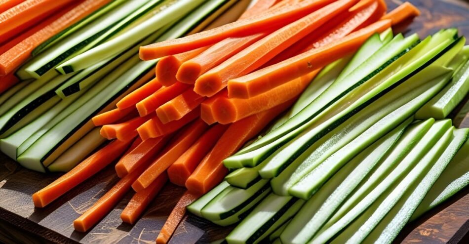 Cenouras, abobrinhas e pepinos cortados à julienne sobre uma tábua de madeira.