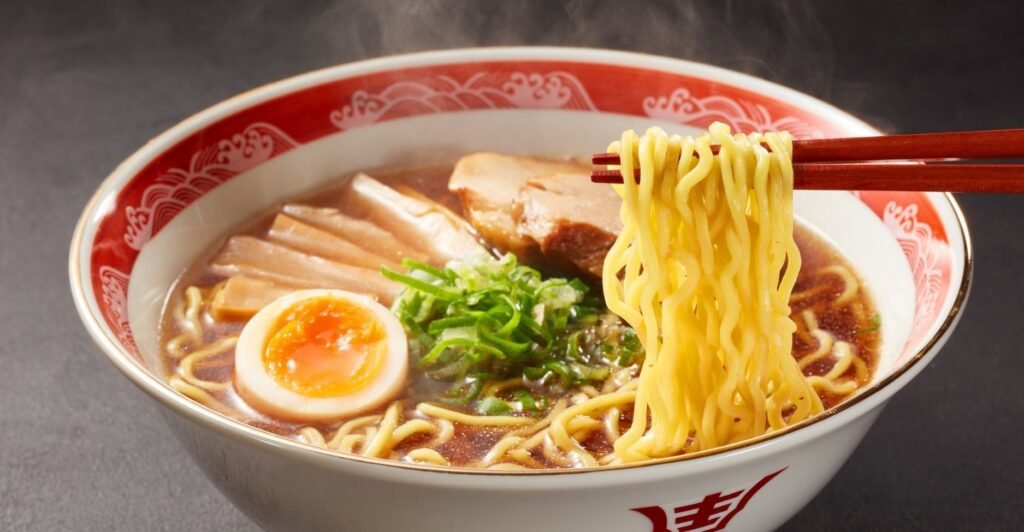 Tigela de lamen japonês com caldo quente, macarrão, ovos e vegetais – destaque entre as comidas com L mais reconfortantes.