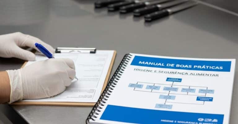 Um manual encadernado com o título "Manual de Boas Práticas" sobre uma bancada de inox, ao lado de um profissional preenchendo planilhas de controle com luvas.