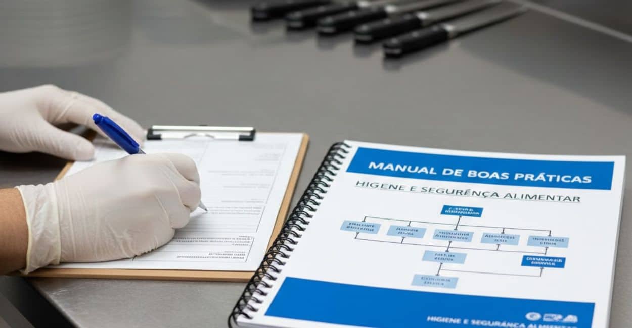 Um manual encadernado com o título "Manual de Boas Práticas" sobre uma bancada de inox, ao lado de um profissional preenchendo planilhas de controle com luvas.