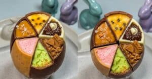 ovo de páscoa em fatias cortado ao meio com 6 sabores de recheio cremoso.