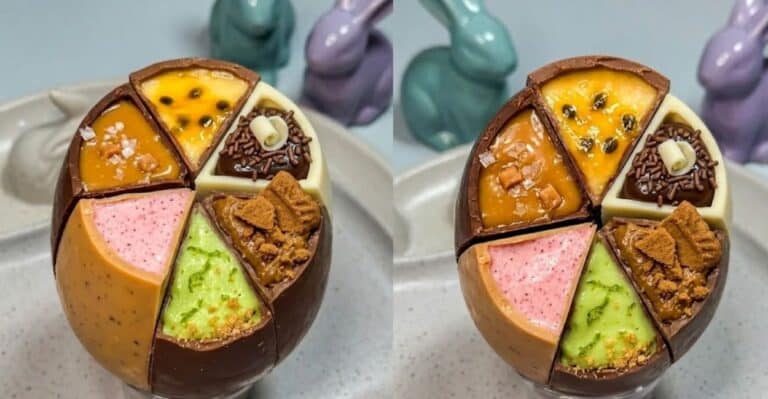 ovo de páscoa em fatias cortado ao meio com 6 sabores de recheio cremoso.