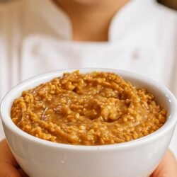 Confeiteira segurando tigela branca com recheio de amendoim para bolo.
