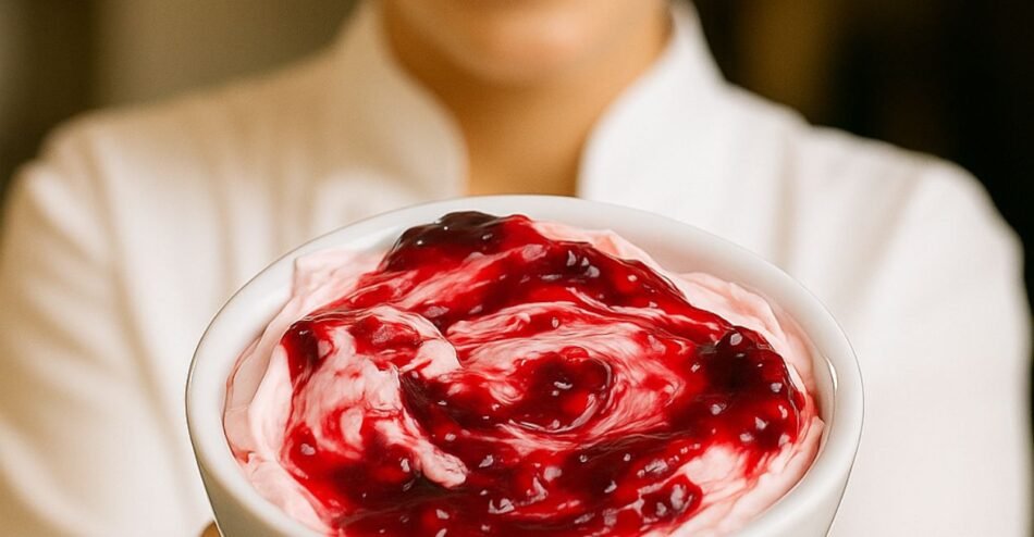 Confeiteira segurando tigela branca com recheio de morango para bolo.