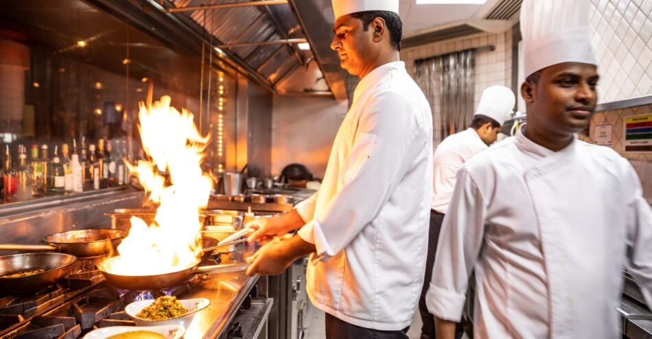 Sous-Chef orientando equipe de cozinheiros em serviço de restaurante profissional.