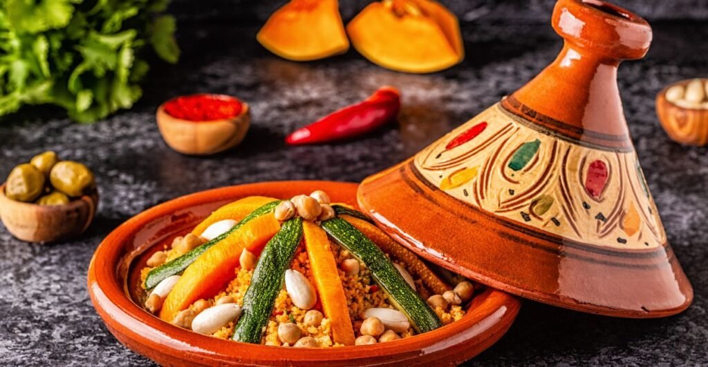 Prato de tajine marroquino com cordeiro, legumes, damascos secos e amêndoas torradas, servido em um recipiente de barro tradicional.