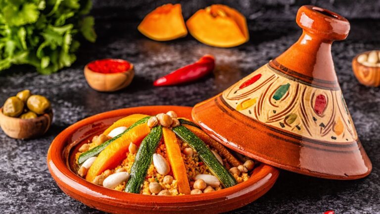 Prato de tajine, culinária da África servido no recipiente de barro onde foi lentamente cozido.
