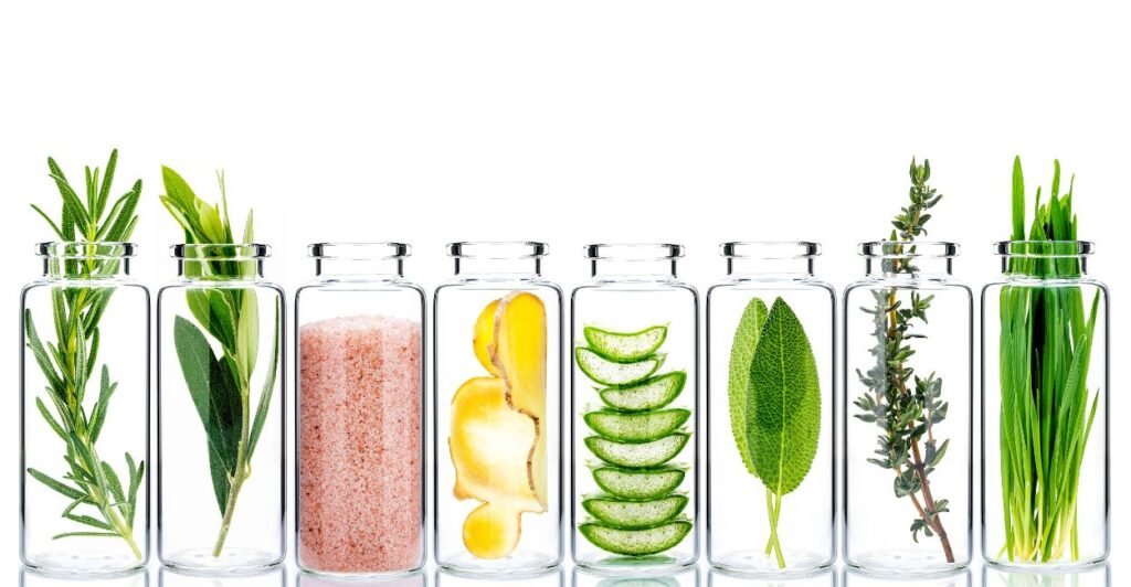 Varias ervas dentro de vidros.  Ingredientes de a a z. Tipos de ervas.