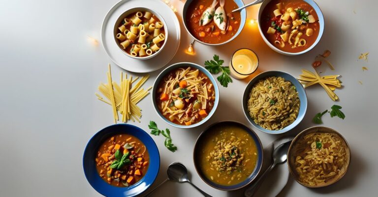 Mesa com várias sopas quentes, cada uma com um tipo de macarrão para sopa diferente, representando variedade e sabor caseiro.