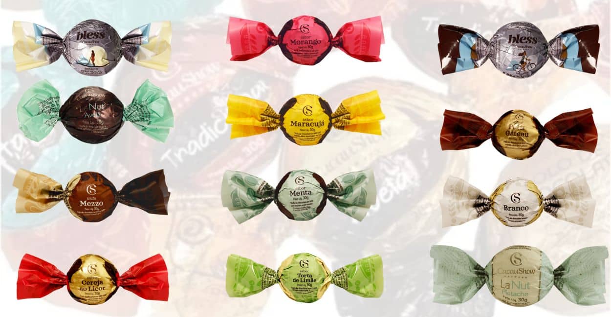varios sabores de trufas da cacau show dispostos em um fundo branco.