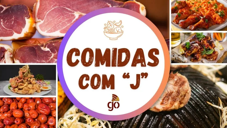 mosaico de imagens de comidas que começam com a letra j. varias comidas como juju, juçara, jambu, jambon.