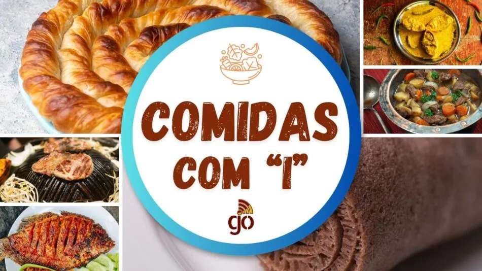 diversos pratos dispostos com comidas com I como inhoque, iogurte, injera, inhame, ice cream.