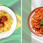Comparação entre os pratos italianos no brasil. dois pratos de spaguete, sendo que o brasileiro esta servido com almondegas e o italiano esta servido com molho sugo.