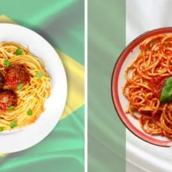 Comparação entre os pratos italianos no brasil. dois pratos de spaguete, sendo que o brasileiro esta servido com almondegas e o italiano esta servido com molho sugo.