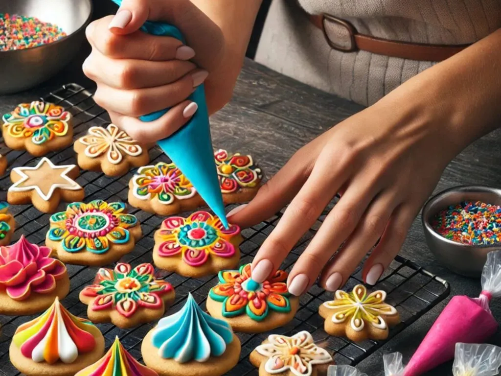 Mulher decorando biscoitos com glacê real colorido em uma superfície de trabalho.