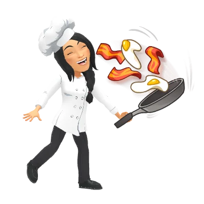 Jo Gourmand cozinhando ovos e bacon em uma frigideira.