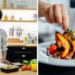 Cozinheiro preparando refeição caseira e chef de gastronomia apresentando prato refinado.