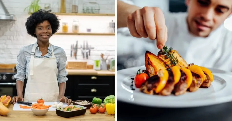 Cozinheiro preparando refeição caseira e chef de gastronomia apresentando prato refinado.