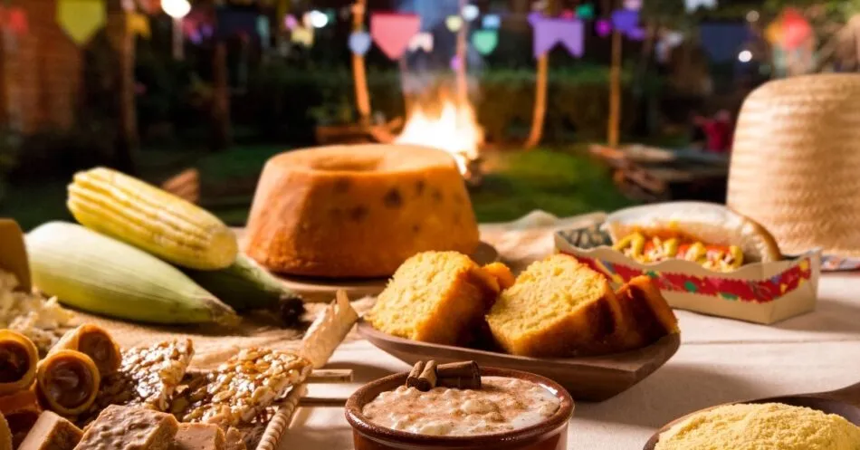 Mesa repleta de comidas típicas de festa junina, com pratos doces e salgados variados.