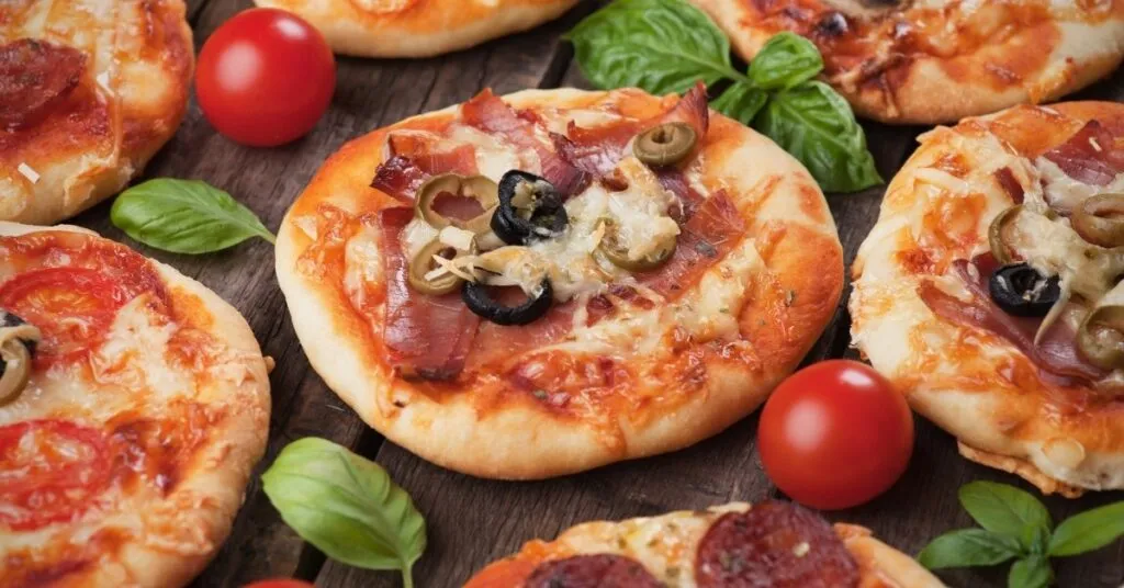 Mini pizzas assadas com queijo derretido e recheios variados, comida de festa junina salgada.