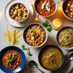 Mesa com várias sopas quentes, cada uma com um tipo de macarrão para sopa diferente, representando variedade e sabor caseiro.