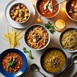 Mesa com várias sopas quentes, cada uma com um tipo de macarrão para sopa diferente, representando variedade e sabor caseiro.
